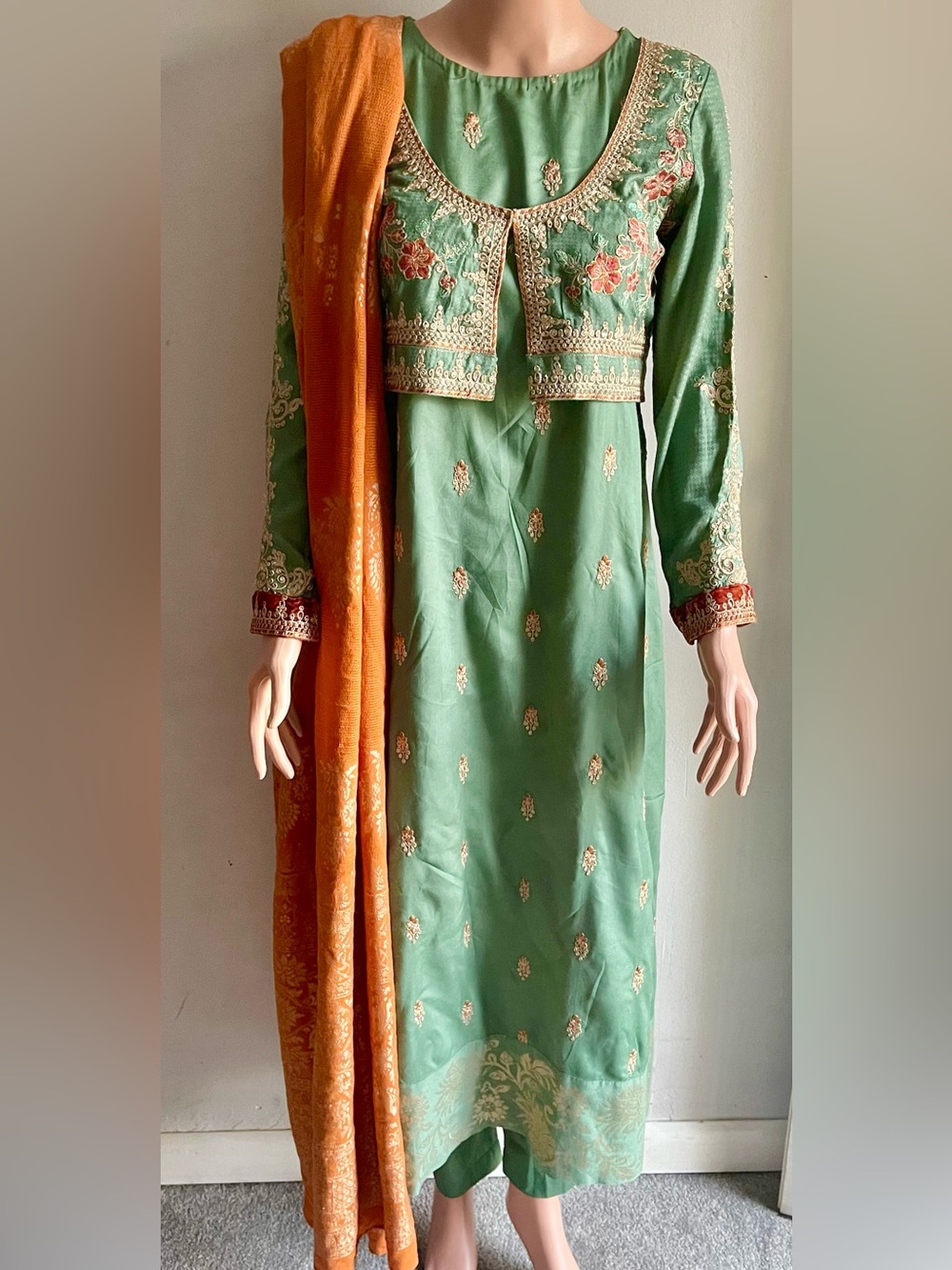 Maria b original Embroidered Green & Orange Women's Dress with Dupatta